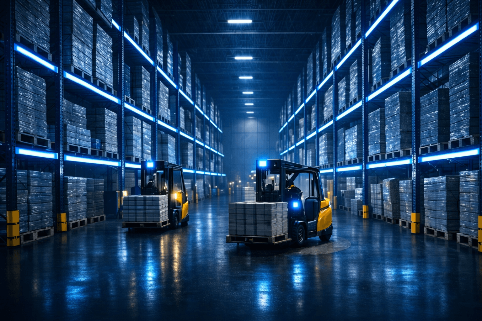 Modern warehouse with forklifts and blue LED lighting